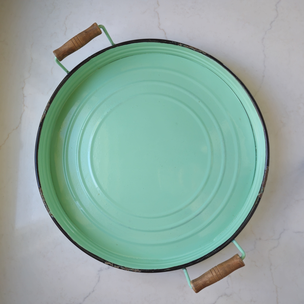 EUC Rustic Farmhouse Aqua/Mint Green Metal Serving Tray Handles Spring Decor